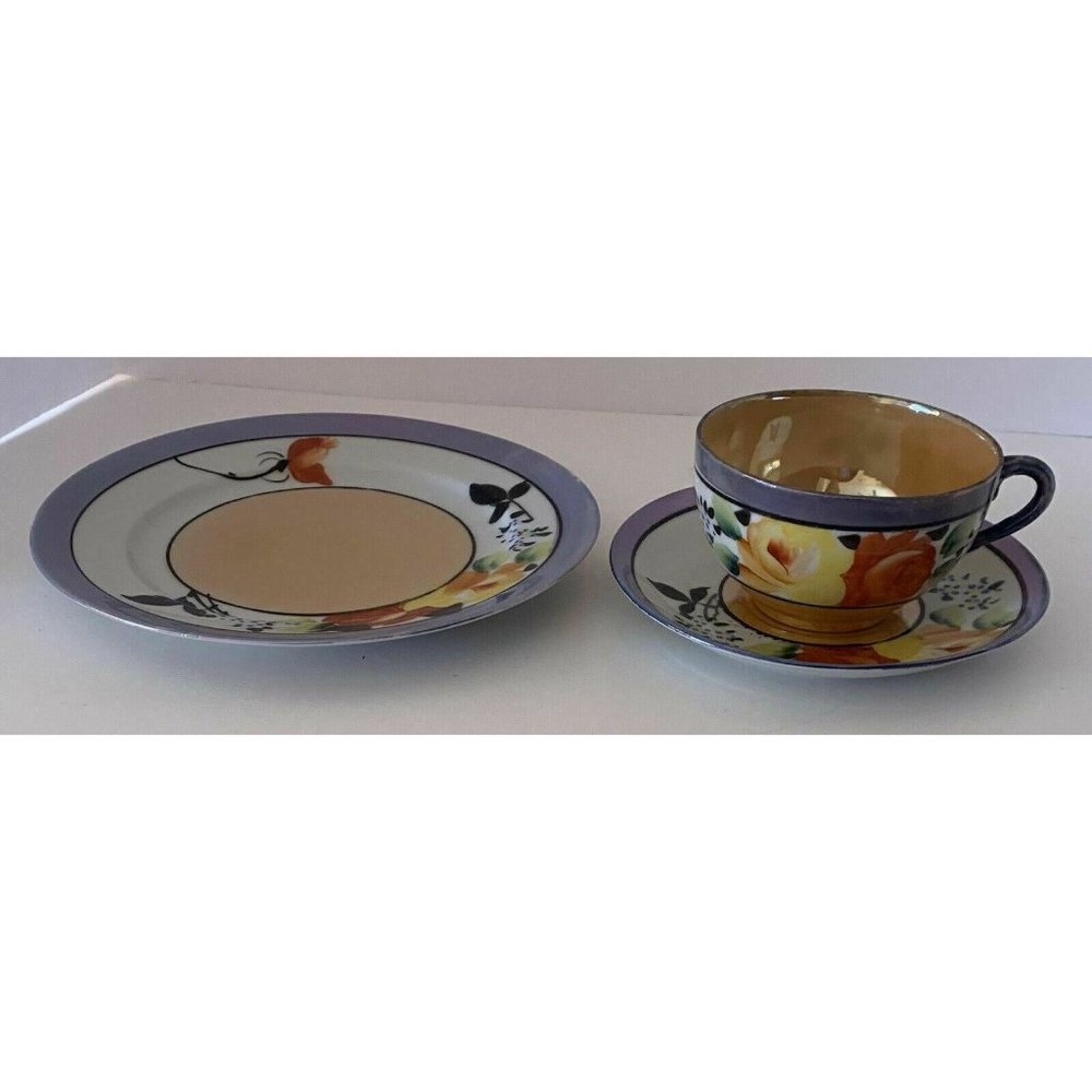 Vintage Lusterware Dessert Plate Cup Saucer Japan Peach Blue Floral Lustreware - Picture 2 of 5
